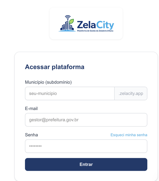Tela de login da plataforma ZelaCity, com campos de município, e-mail e senha